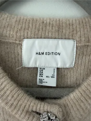 H&M Edition Tan Mohair Wool Short Sleeve Jeweled Button Knit Sweater Top NWOT S thumbnail 3