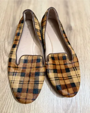 ANTONIO MELANI Larrah Plaid Calf Hair Loafers 9M Brown Tan Leather Flats‎ thumbnail 1