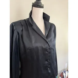 Vintage black satin long-sleeve button-up blouse with a fold-over collar size sm thumbnail 2