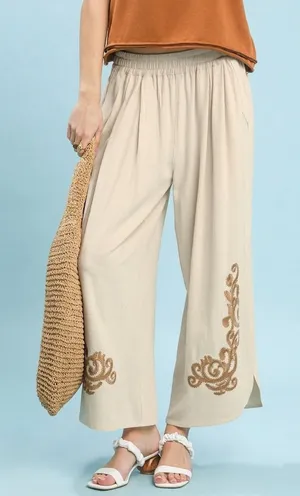 Umgee‎ Linen Embroidered Wide-Leg Boho Pants - Medium thumbnail 1