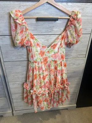 MOD On Trend Pure Elfin Rosie Puff Sleeve Floral Mini Dress Orange Pink Small thumbnail 1