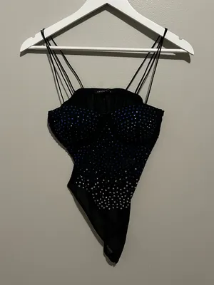 Haute Monde Black Solid Semi-Transparent Sheer Rhinestone Bodysuit One Piece M thumbnail 2