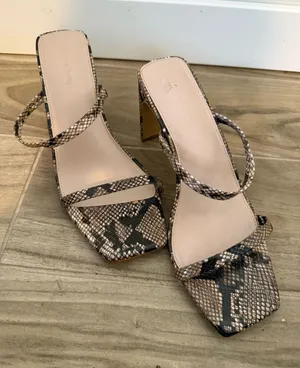 Snake-Print Strappy Block Heel Sandals in Beige/Black thumbnail 1