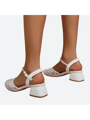 White Lace Low Block Heel Ankle Strap Wedding Shoe Sandals Size 40 thumbnail 3