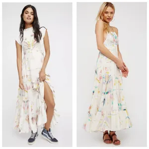 Free People Sounds Of Spring Maxi Dress Size 6 Ivory Watercolor Bib Overall thumbnail 14