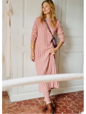 Sezane Manon Ribbed Knit Baby Alpaca Dress Size XS Shoulder Button Rosewood thumbnail 3