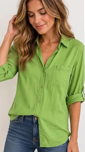 True Destinations Women’s Small Green Cotton Button Down Shirt Roll Tab Sleeve thumbnail 1