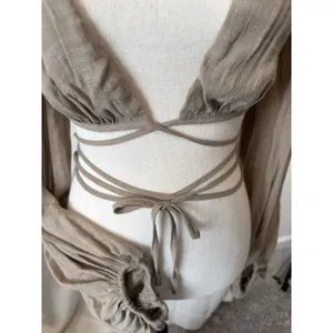 Princess Polly Cropped Top Womens 2 Beige knit Long Sleeve Boho Tie Waisted thumbnail 8