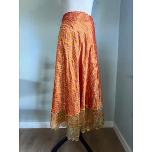 Boho Reversible Wrap Midi Skirt Orange Green fes Paisley Floral retro whimsigoth thumbnail 2