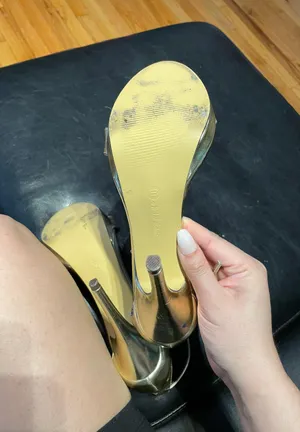 Michael Antonio Vintage Y2k Leather Metallic Mirror Shiny Sandals Straps Ankle Pumps Stilettos High Heels thumbnail 7
