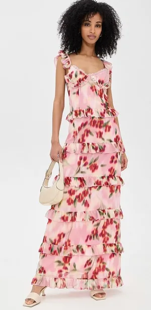 Runaway The Label Pink Floral Tulip Ruffle Tiered Corset Maxi Dress PO-4014 L thumbnail 1