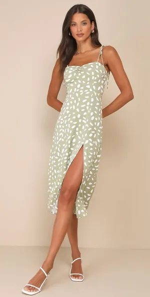Lulus Party in Paris Sage Green Print Tie-Strap Midi Dress Resort Extra Large thumbnail 1