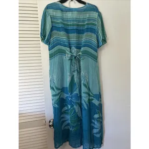 Phool Womens Blue Green Floral Stripe Sheer Tunic & Wide Leg Pant Set Rayon LG‎ thumbnail 5