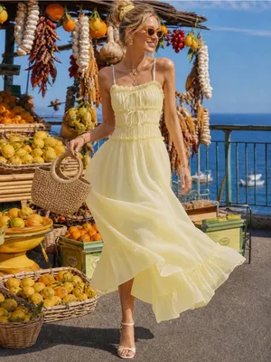 Rihoas Yellow Sweetheart Neck Ruffle Midi Dress thumbnail 3