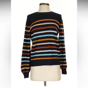 Loft Womens Size Large Crewneck Sweater Navy Blue Multicolor Stripes 100% Cotton thumbnail 2