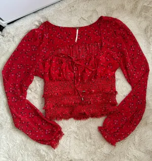 Free People NWOT Lolita Red Floral Ruffled Crop Top thumbnail 5