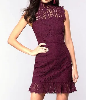 Storia High Neck Lace Mini Dress‎ burgundy red size small thumbnail 1