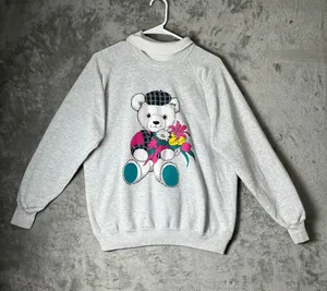 Vintage 90's Heather Teddy Bear Floral Graphic Double Collar Pullover Sweatshirt thumbnail 1