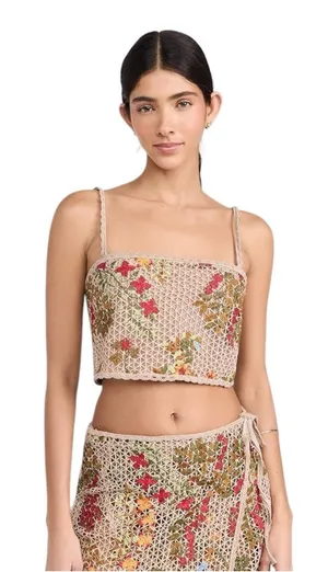 NWT Agua Bendita Tan Floral‎ Crochet Corset Tile Vicky Crop Top Size Medium thumbnail 1