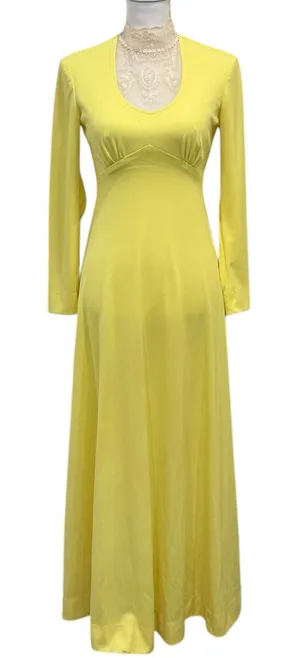 Vintage 1970s Victorian Edwardian Revival Yellow Lace Neck Maxi Dress Costume XS thumbnail 1
