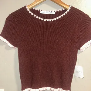 Altar'd State Brown Knit Tee with Pink Trim thumbnail 1