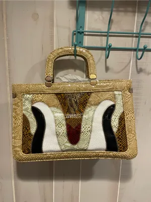 Cute classic vintage 80s faux snake boxy patchwork satchel handbag old money thumbnail 2
