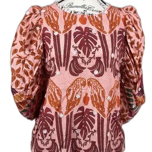 Farm Rio Women's Blouse Orange Pink Size L Puff Sleeve Boho Floral Peasant Top thumbnail 2