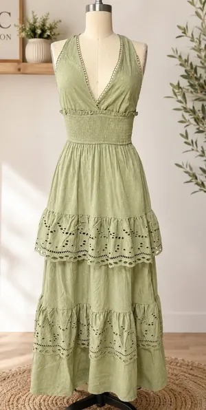 100% cotton Boho Sage Green Eyelet Tiered Halter Maxi Dress thumbnail 1
