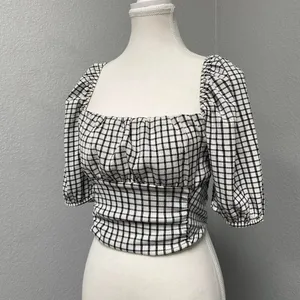 Bershka Plaid Gingham Crop Smocked Milkmaid Top Cottagecore Boho Peasant thumbnail 3