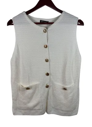 PrettyGarden Knit Sweater Vest S White Gold Button Textured‎ Sleeveless NEW thumbnail 1