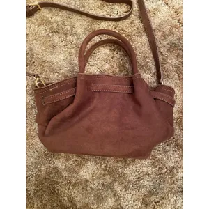 Chic Brown Faux Suede Crossbody Bag Gold Accents Minimalist Top Handle Satchel thumbnail 3