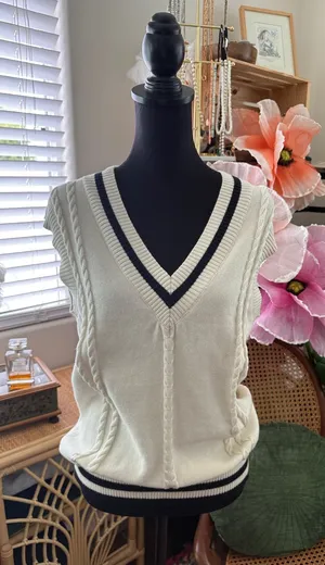Aritzia Sunday Best Cream & Navy Cable Knit Wool Blend Heritage Sweater Vest thumbnail 1