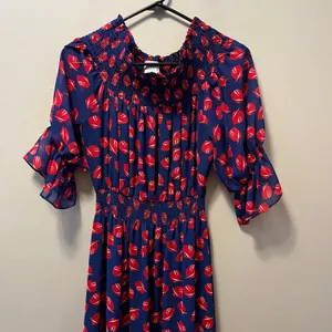 MISA Off Shoulder Midi Dress Blue Red Floral Boho Romantic Cottagecore Flowy‎ MD thumbnail 9