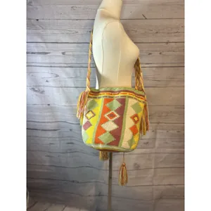 Handmade Crochet Aztec Boho Bucket Multicolor Fringe Crossbody/shoulder Bag thumbnail 2