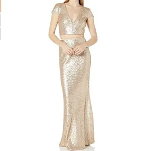 Dress The Population Size Small Cara Two Piece Gown Gold‎ Sequin Holiday Party thumbnail 3