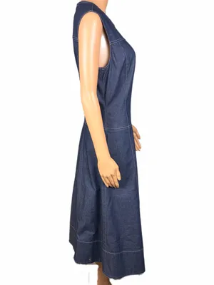 DONNA KARAN New York Denim Paneled A-Line Midi Dress POCKETS Size 10 thumbnail 3