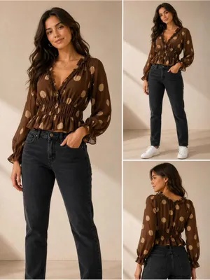 Parker Brown Polka Dot 2 Piece Set Blouse Shirt Top Cami Ruffle Peplum Size M thumbnail 2
