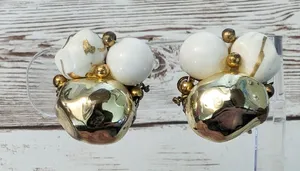 Vintage Clip On Earrings - Off White & Gold Tone 7/8" thumbnail 1