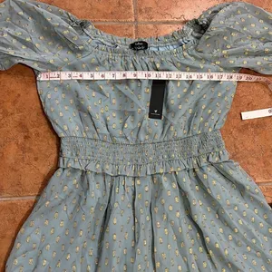 NWT Lulu’s Touch of Glam Dusty‎ Blue Dotted Off-the-Shoulder Mini Dress size L thumbnail 14