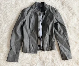 Lane Crawford Women's Gray Faux Leather Moto Jacket Size M thumbnail 1