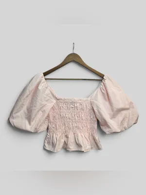 Mi Ami Francesca’s Pink Puff Sleeve Smocked Peplum Top Women’s M NWT thumbnail 4