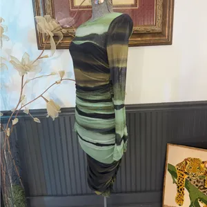 Anthropologie Ruched Sheer Mesh Bodycon Midi Dress Green Black XS🧡🍄 thumbnail 4