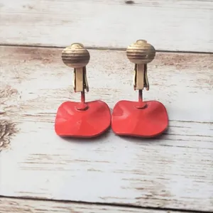 Vintage Clip On Earrings Rounded Pushed in Square Red - Retro Earrings thumbnail 4