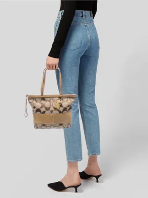 COACH Y2K Vintage Signature Monogram Metallic Tan Leather Stripe Tote Bag Preppy thumbnail 2