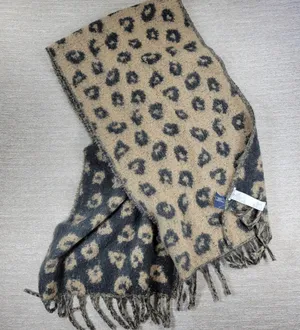 Abercrombie & Fitch Leopard Fringe Scarf Wide Black Tan Two Toned Animal Print thumbnail 1