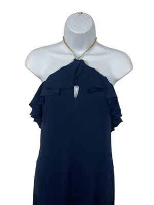 Lauren Ralph Lauren Navy Halter Cocktail Dress Gold Chain Neck Keyhole 8 thumbnail 3