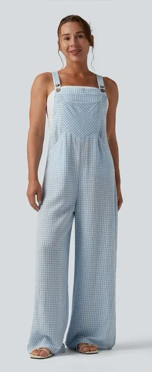 NWOT Halara Plaid Casual Linen-Feel Overalls with Pockets gingham blue white xl thumbnail 1