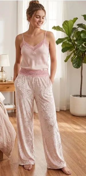 VTG Victoria’s Secret Angels Y2K Pink Crushed Velvet Lace Trim Wide Leg Medium thumbnail 1