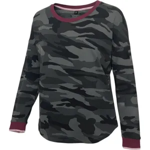 Kensie Women Camo Long Sleeve Top Grey Black Burgundy Trim Size L thumbnail 1