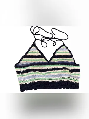 aerie Crochet Stripe Tie-Back Bralette in Navy, White, Mint & Light Blue thumbnail 2